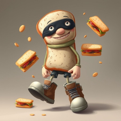 Create a funny looking clumsy sandwhich thief with funny shoes on. Make him have on the bandit black thing around his eyes 