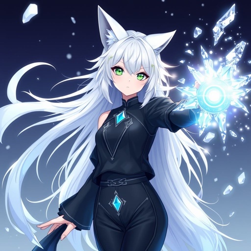(Genshin Impact based) A pale teenage girl with a Cryo Vision wearing a royal black top and trousers with hair and small fox ears as white as snow with emerald eyes and conducting ice. She also has an ancient mythical right arm