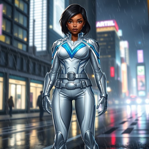 A teenage African American female superhero with hair in a shoulder length side part style wearing a slightly armored white and silver suit with blue accents and a stylized V as her chest emblem a utility belt and silver boots standing in Philadelphia during a rain storm