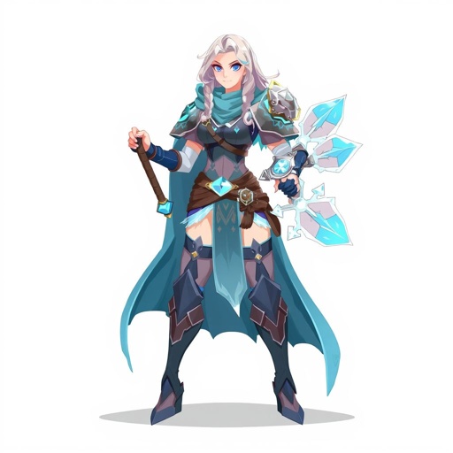 Create a battle woman hero called Alvara the Frostheart. Show full body head to toe including shoes