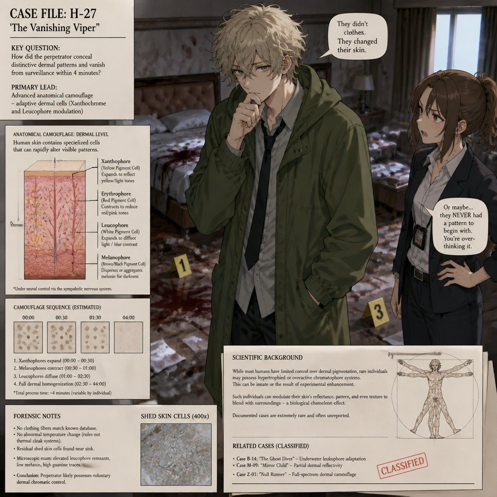 Anime Male great detective takes his job real seriously and is really good at it in his mid 20s with medium really crazy messy light blonde hair, tall thin, tied, strange green eyes wearing a baggy loose mossy green jacket tired face thinking hard about the crime scene and talking to his partner about it, partner looking annoyed at him but also concerned about him but also trying to take this case seriously they are talking about the crime scene and what could have happened and who would do this, crime scene is in hotel room, very gruesome one, no one new the person was even there and was only found out today making it harder to figure it out but the detective won't give up and do whatever he can His past was not great he had red hair and blue eyes before changing his hair and eye colors his family hatted him, he was born with the ability to camouflage and is able to change his colors which is how he got his blond hair and blue eyes