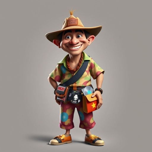 create a guy name bootleg who sellers dvd’s for movies that are fake dvds. Make him funny looking. And make sure the image shows him head to toe like his whole outfit 