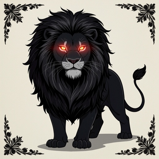 A Black Lion without a mane and red eyes 