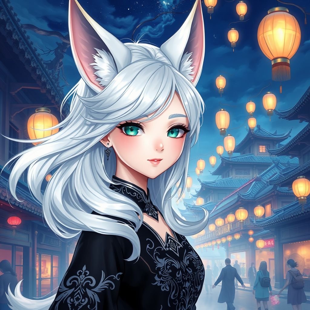 A teenage girl with pale skin and emerald eyes wearing black attire with white hair with a small cyan coloured tip and small fox ears walking through a Chinese style city watching lanterns fly high in the sky