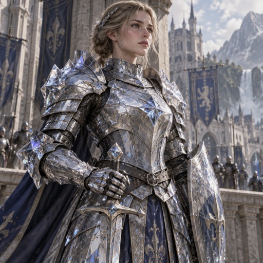 She wears crystal like armour in full medieval knight armour. 