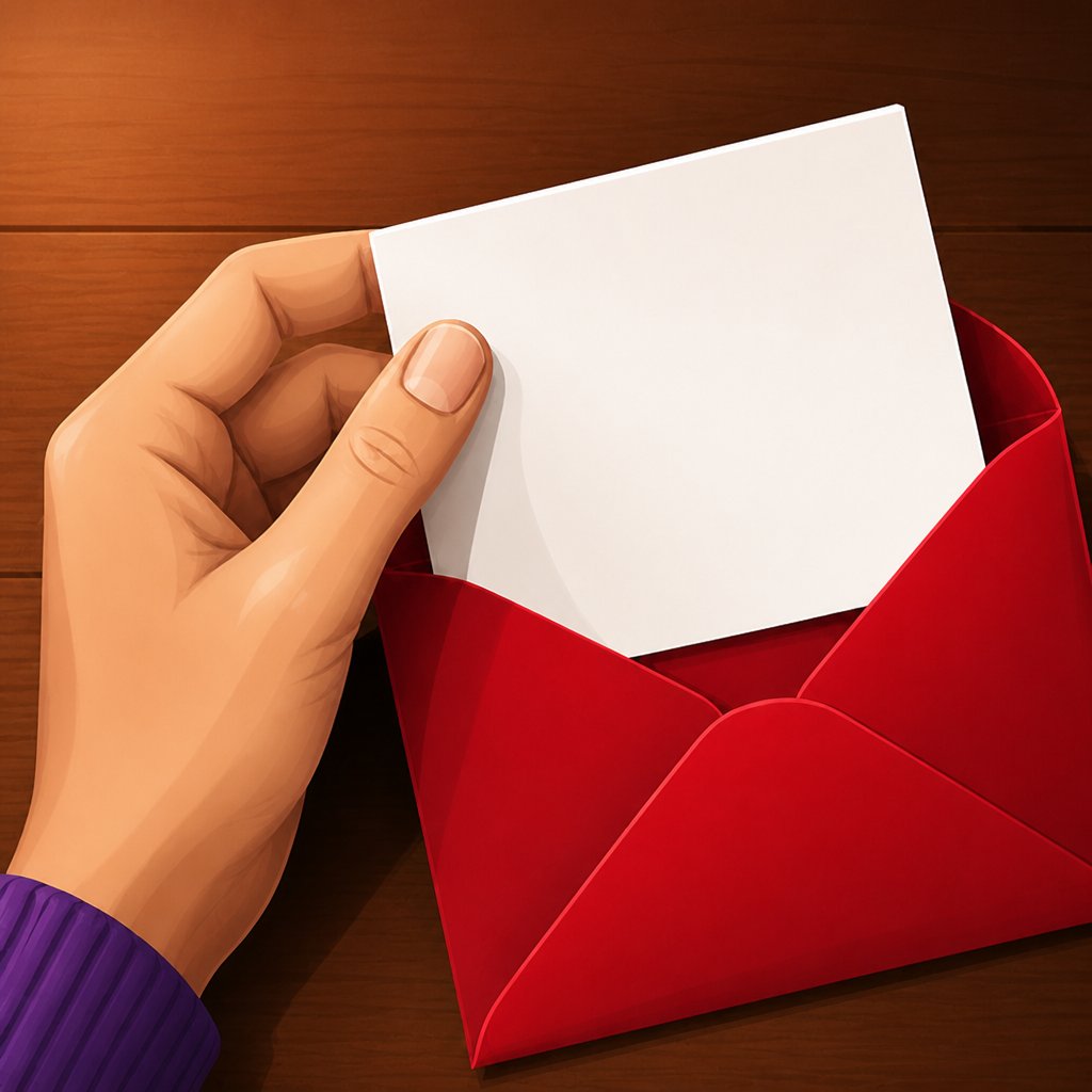 a hand holding a piece of paper next to an envelope