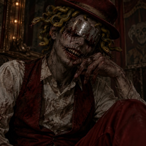 Male, white button up shirt, red open vest, red pants, bowler hat, metal covering eyes, big smile, yellow and green snake hair short