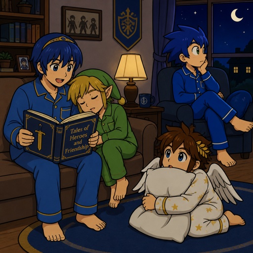Super smash brothers young link from legend of Zelda, pit from kid Icarus, Marth from fire emblem,sonic the hedgehog as a human It’s night time all are in the living room marth is reading a bed time story to the rest, young link is falling asleep leaning on Marth,pit is on the floor hugging a pillow looking at marth intrigued by the story Sonic is on a chair with his one leg over the other listening and staring out the window all are wearing pjs