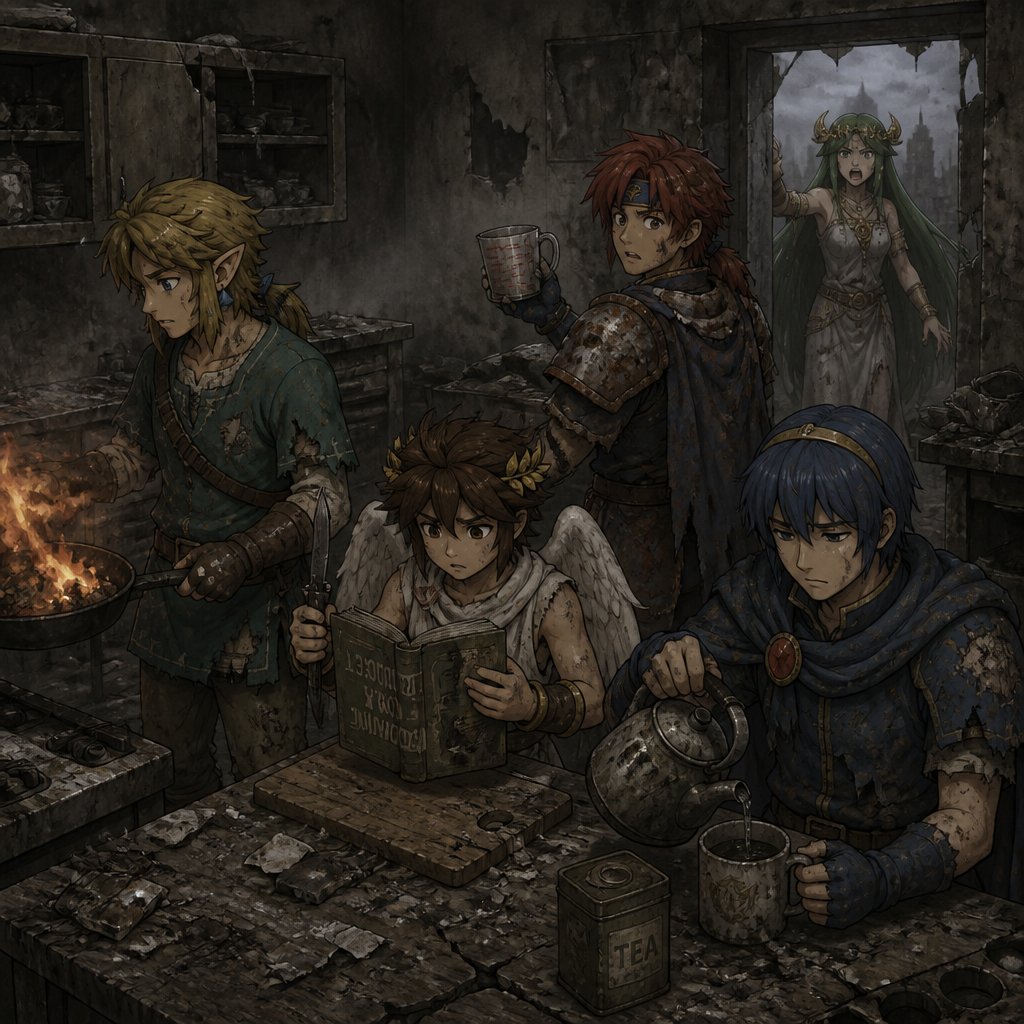 Super smash brothers link from legend of Zelda, pit from kid Icarus, Marth from fire emblem,Roy from fire emblem, there trying to make breakfast Roy looking at the measuring cups saying "which one do I use?" link holding pan that's on fire, pit trying to read the cookbook but it's upside down and holding a knife near a cutting board,Marth making himself some tea with a tired face expression think “why did I get up”, Palutena comes into the kitchen and yells "what are you guys doing!" All in casual clothes
