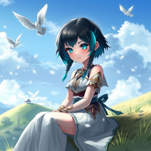 A young female with fair skin and vibrant teal eyes. Black hair with cyan tips in the form of two short braids. Wearing a goddess two-piece outfit (top and trousers) sitting on a hill watching pigeons fly from a very far distance