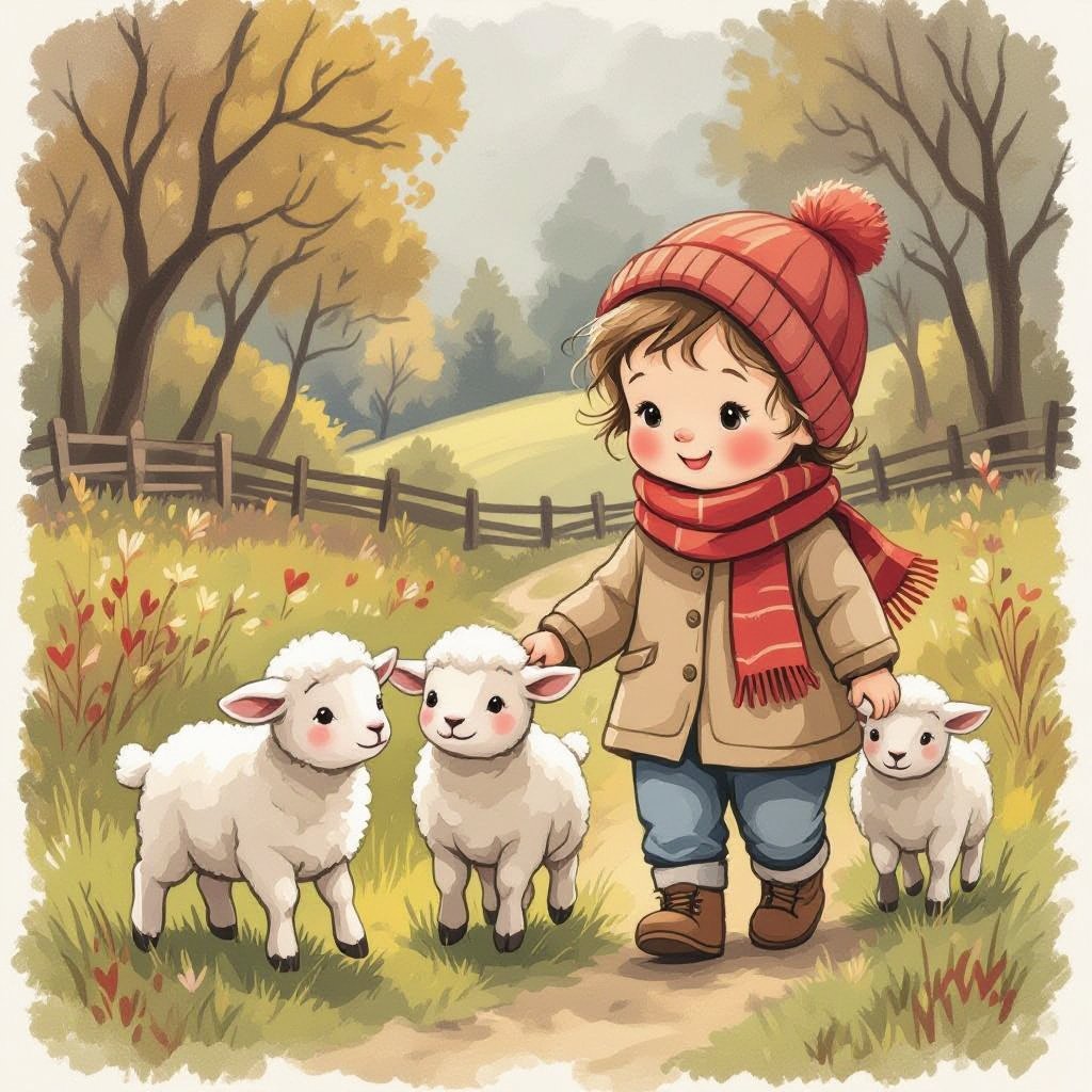 A baby leading lambs in scarves and hats