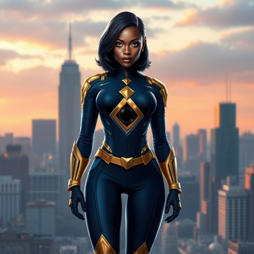 African American female superhero with hair in a shoulder length side part hairstyle with pure silver Glowing eyes wearing a leather slightly armored navy blue and gold suit with navy blue pants and gold boots and a gold diamond within a black hole as her chest emblem in Philadelphia