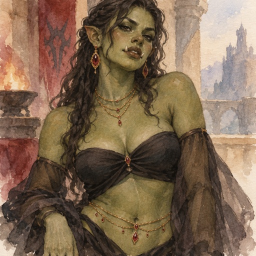 An alluring Orc female in black clothes (a black top that covers her breasts like a strapless bra, she wears long sheer slip on arm sleeves, and she wears ruby gold dangle earrings, gold layered chain necklaces with tiny rubies, and a gold and ruby belly chain