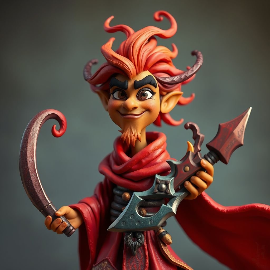 Create a character: Rhen the Fire-Singer – A lean, muscular man with sun-kissed bronze skin and ember-like eyes. His hair is a wild mane of deep crimson. He wears layered, flowing desert robes dyed in warm reds and golds, with scorch marks where flames have licked them. A curved blade hangs at his hip.