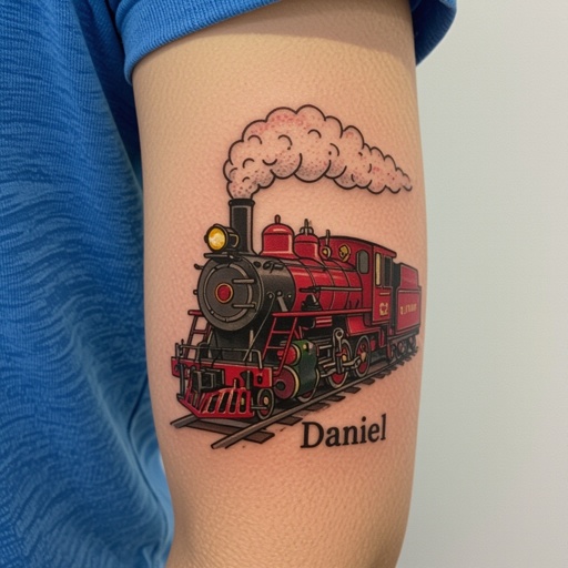 Red train tattoo with the name Daniel for boy 