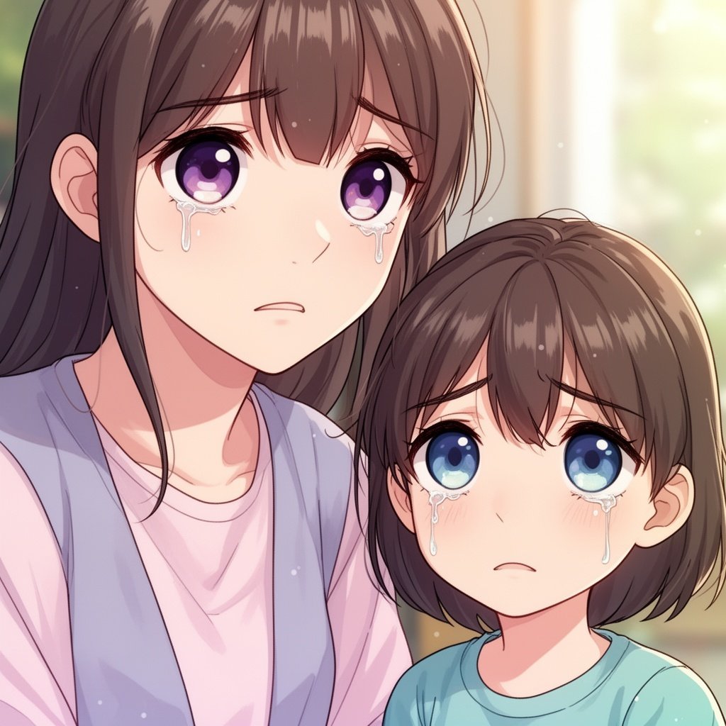 woman and her 9 year old daughter, looking sad, in the style of a manwa full color