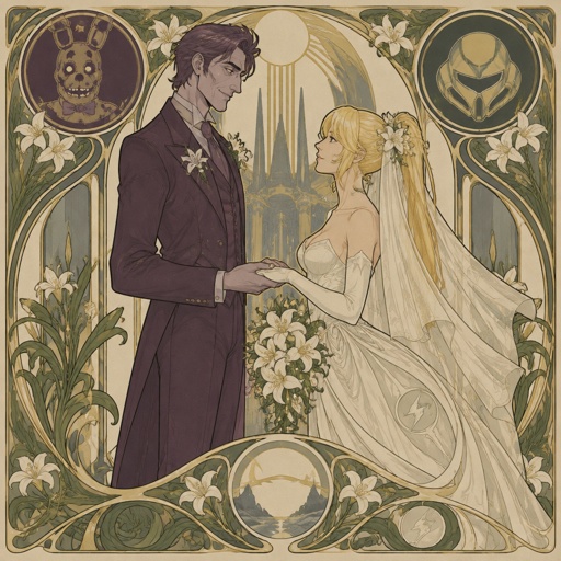 William afton from five nights at Freddy’s in a wedding suit, zero suit Samus from super smash bros in a wedding dress, getting married