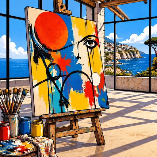 a painting of a woman's face is on a easel