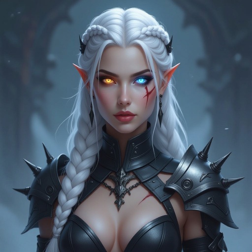 Tall 6,5 woman with sharp features, white mid-length messy braided hair with black streaks. Her right eye is a bright glowing ice blue and her left eye is a bright glowing amber auburn and she had a smooth clean scar through her left eye. She had silver and black scale patches on the right side of her chest that speed up the right side of her neck and part of her face and down part of her right arm. She has heavy metallic arm pieces which fold tiny, black metal spike knives She has metal shoulder plates and guard around her shoulder, but an open chest until her breast (she is fully covered)  