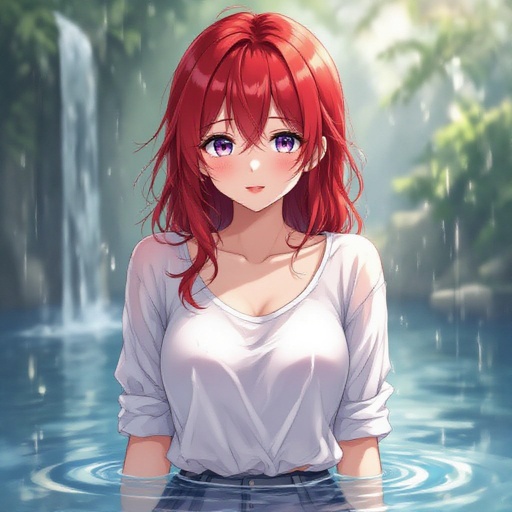 Thin white shirt, red hair, full body, wet