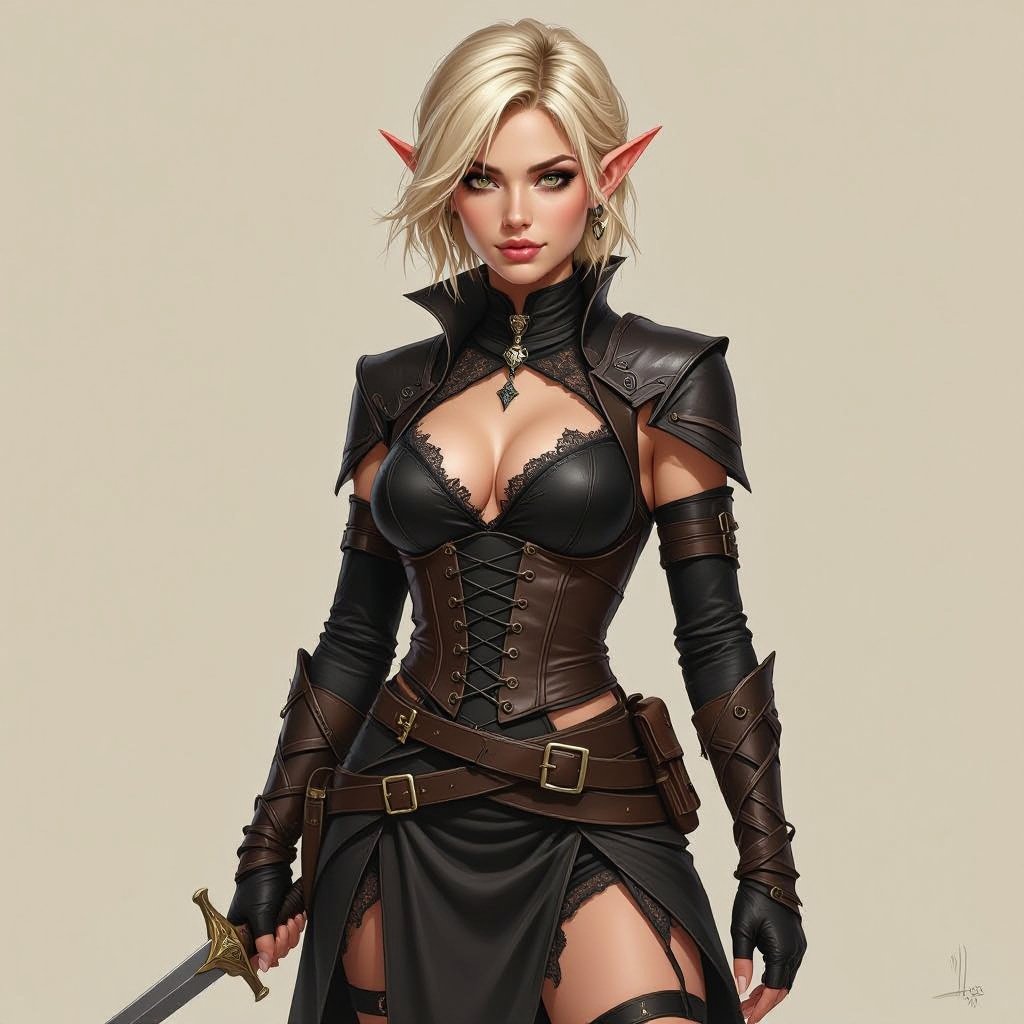 Blonde pixie cut Female High Elf Rogue Assassin in Black and Brown Shear Lace & Leathers and Skirt ripped and torn