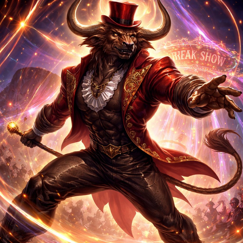 A male chestnut brown Minotaur with deep set cattle like brown eyes, large powerful gleaming horns like his fathers, a well~proportioned figure/body at lest 6 foot tall, long tail. He works at freak show as the ringmaster and his abilities are Reality Rejection, Time Manipulation (Chronokineses), Zoolingualism (Language of Cattle only), Human Speech. His mother is a human with half-animal (Cretan Cattle) physiology and his father is a Cretan Bull.