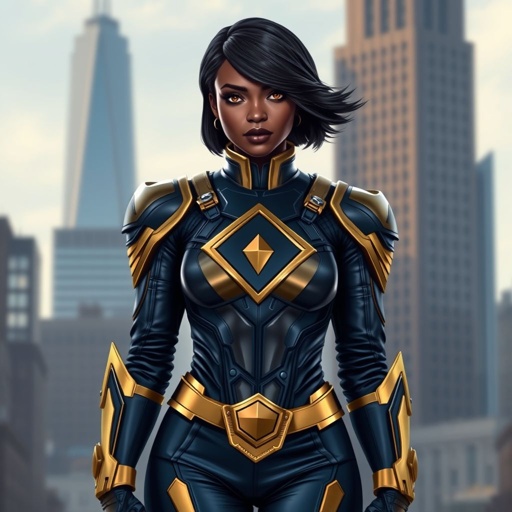 African American female superhero with hair in a shoulder length side part hairstyle with pure Gold Glowing eyes wearing a leather slightly armored navy blue and gold suit with navy blue pants and gold knee length boots with a diamond with the top half gold and the bottom half black as her chest emblem in Philadelphia