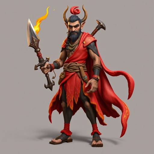 Create handsome hero Rhen the Fire-Singer – A lean, muscular man. He wears layered, flowing desert robes dyed in warm reds and golds, with scorch marks where flames have licked them. A curved blade hangs at his hip. Show her whole body head to toe including her shoes.
