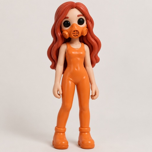 Female wearing an orange one piece legs covered sleeveless, red long hair, completely black eyes, orange breathing mask, 15 years old 