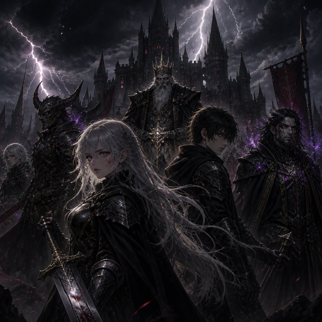 A 17 year old girl who has blue hair with purple and pink stripes and hazel eyes. She is wearing all black. She looks strong, confident, and fierce. She is holding a sword and looks ready to fight. Behind her is an 18 year old prince who has black hair with purple stripes and blue eyes. He is wearing all black and is wearing a crown. He looks strong, fierce, and angry, he is looking over his shoulder. Next to the prince is a 17 year old boy who has black hair with blue stripes and blue eyes. He looks strong and confident. Next to the prince is a 40 year old king who has gold hair and gold eyes. He is wearing a large golden crown. He is wearing a dirty gray shirt and black pants. He looks evil and strong. There is a 40 year old man who has black hair with dark blue stripes and blue eyes. He is wearing a green shirt and black pants. He looks strong and fearless. There is an 18 year old boy who has black hair with dark green stripes and light blue eyes. He looks strong and confident. There’s a 17 year old girl who has purple hair with golden stripes and dark blue eyes. She’s wearing a dark purple shirt and black pants. She looks strong and fearful. There’s a 17 year old girl who has pink hair with green stripes and green eyes. She is wearing a dark pink shirt and black pants. She looks fearful. There’s a 40 year old queen who has dark purple hair with white stripes. She is wearing a red shirt and black pants and has green eyes. She looks strong and ready to fight. There’s a 20 year old princess who has blue hair with white stripes and light blue eyes. She looks strong, fierce, and ready to fight. She is wearing a blue shirt and black pants. There’s an 18 year old boy who has brown hair with gold stripes and dark blue eyes. He looks angry and ready to fight. He is wearing all black. There’s a 19 year old girl who has brown hair and brown eyes. She looks strong and fierce. There’s a 17 year old boy who has black hair with green stripes and green eyes. He is wearing all black. He looks angry. Behind the people is a big castle. The sky is dark and you can see red lightening. Below the characters, in white small letters, says “they only see the part of me that I allow them to see”