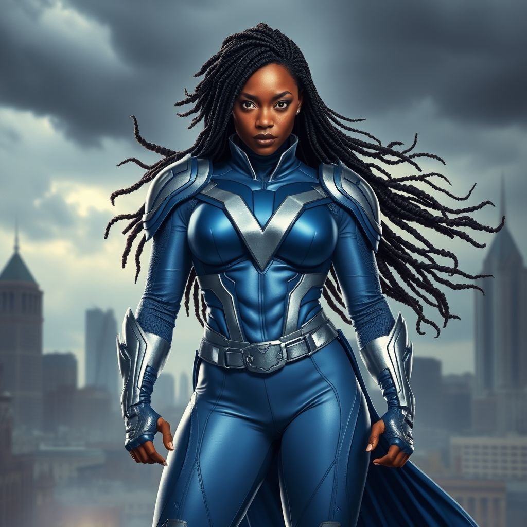 African American female superhero with locs in a shoulder length style wearing a leather slightly armored light blue and silver suit with light blue pants and silver boots and a V as her chest emblem standing in Philadelphia during a storm