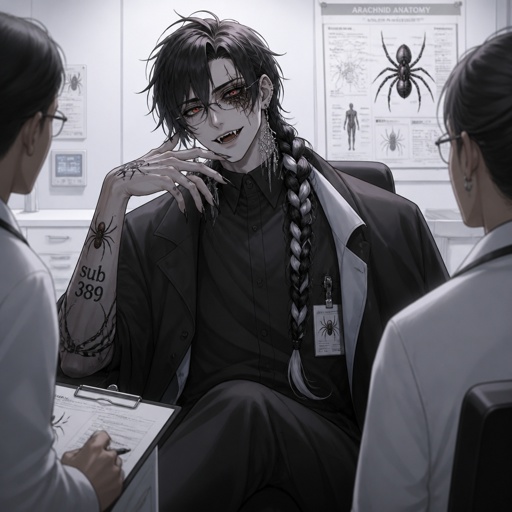 Anime male,name is Lloyd,hair messy long braided black hair with white stripes,clean shaven,highly skilled,in late 20s,migraines,sarcastic,red glowing eyes,one eye is severely damaged,serious face,been experiment on for many years until finally found and rescued ,has power of a spider and control spiders make traps poison and crawl on walls and ceiling dangerous,glasses,wears a loose jacket a nice fully covered shirt ,loves spiders, nice big earrings,tattoos on arms that means arachnid and on left arm tattoo that says sub 389,helps people but on his terms,doesn't remember anything from his past except the experiments, long scary fingers, spider fangs, traumatized,special agency is keeping an eye on him. Him and the scientists having a conversation, scientists “do you know where you originally lived or any relatives” Lloyd “no… but why does that matter know? Who cares I don’t there’s no point I wouldn’t be recognized by them anyway”scientists”you don’t care to find out who you are?” Lloyd “no…I don’t” scientists “what else do you remember?” Lloyd staring of in the distance with a small look of fear in his eyes says “only the experiments”as a comic