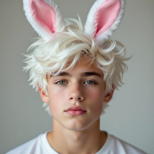 Hot teenage boy with white hair and bunny ears