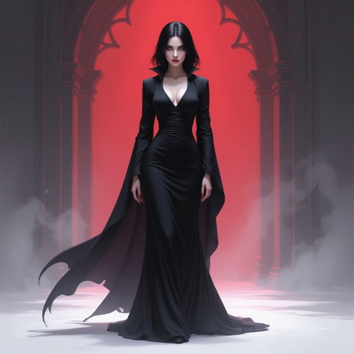 Show character head to toe. Create a mid age mysterious woman jet-black hair is cut sharpand her eyes seem to pierce through darkness. A shadowy aura clings to her form,