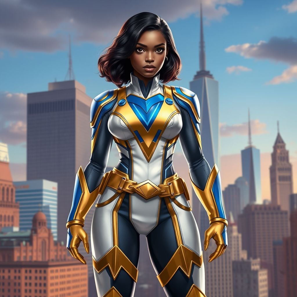 A teenage African American female superhero with slightly curly hair in a shoulder length side part style  wearing a slightly medieval white and Gold suit with blue accents and a stylized V as her chest emblem a utility belt and gold boots standing in Philadelphia  