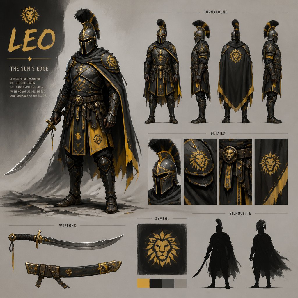 warrior named leo, curved sword, crested, helmet, colors black yellow grey