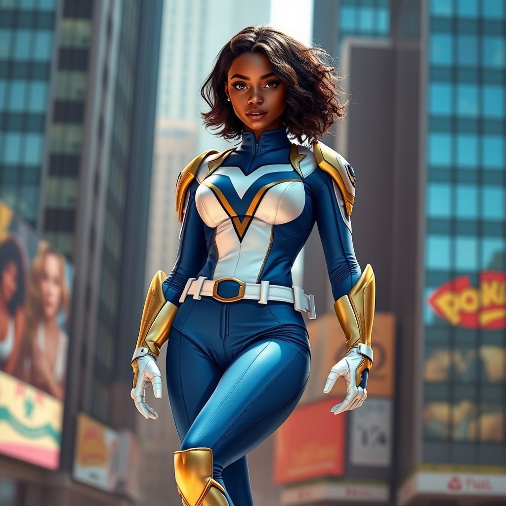 A teenage African American female with shoulder length curly hair  in a side part style superhero  wearing a mask and a professionally made slightly armored white and blue suit with blue pants gold accents and a stylized V as her chest emblem a utility belt and gold boots