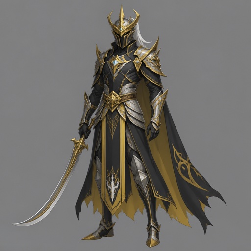assassin, curved sword, crested helmet, armor colors black yellow grey silver gold, luminous lord