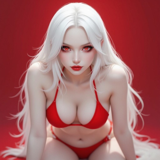 An albino woman in a bikini with vertical pupils 