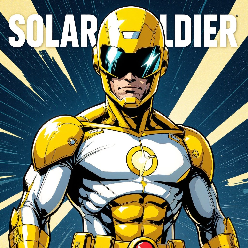 SOLAR SOLDIER. Blinding yellow and white bodysuit. Helmet with Visor. Insignia is ☉. No Red in costume