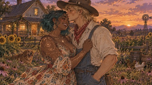 Vivid sketchy fantasy D&D concept illustration of a man playfully kissing a woman on the forehead in a flowering farm field in front of a farmhouse at dusk. the woman is tall, toned, curvy, and gentle with wavy bobbed teal hair, dark tan skin, freckles, a straight nose, brown eyes, and all encompassing glittering constellation tattoos, wearing a soft colorful flowy country dress. she giggles and hugs her friend. the man is tall, gentle, and sweet with a blonde messy mullet, soft green eyes and freckles, wearing a cowboy hat and vibrant farm clothes.