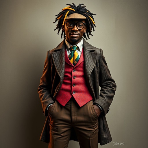 Create a funny character similar to Sherlock Holmes, but make him of black decent and with dread locks. Show his whole outfit including his shoes.