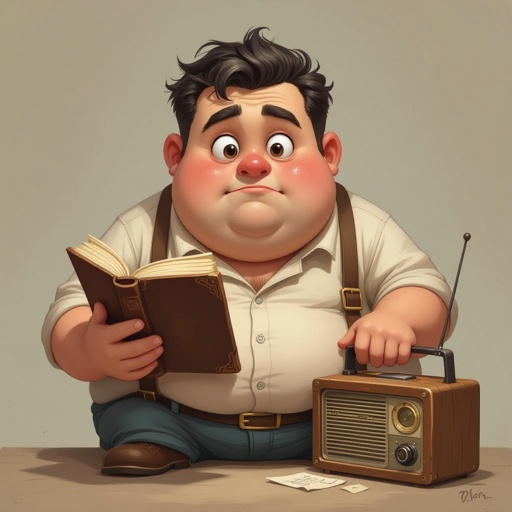Create a funny fat guy who looks high is has a book box radio 