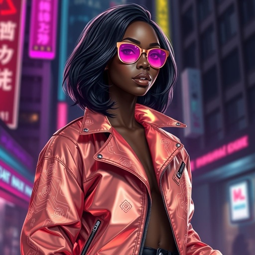 African American female cyberpunk with shoulder length hair in a layered side part style wearing a glowing rose gold jacket rose gold and purple shades and black jeans with black boots