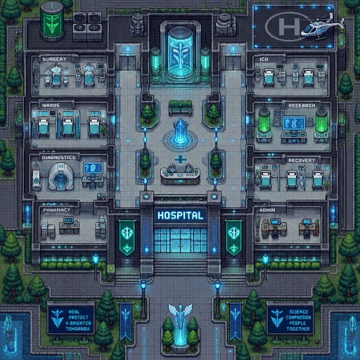 Hospital for a fantasy game set in futuristic times city, full building, top down style