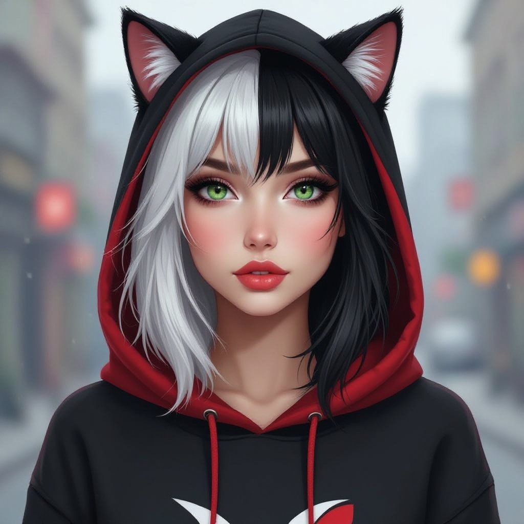 Młoda kobieta. Włosy do ramion, z grzywką, prawa połowa włosów biała, lewa połowa włosów czarna. Okrągła, pyzata twarz. Szaro-zielone oczy. wąskie usta. Ubrana w czarno czerwoną bluzę z kaptórem z kocimi uszkami. Realistyczna