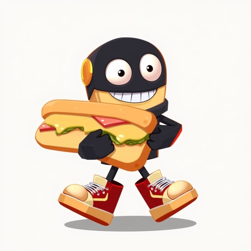 Create a funny looking clumsy sandwhich thief with funny shoes on. Make him have on the bandit black thing around his eyes 