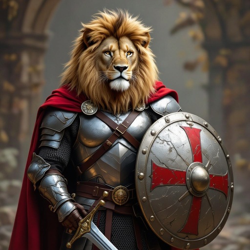 John has a lion head and a human body. He seeks to glorify Christ despite his unique appearance. He dresses in silver armor and wears a red cape. He carries a sword and shield as well. His shield has a dark red cross on the front