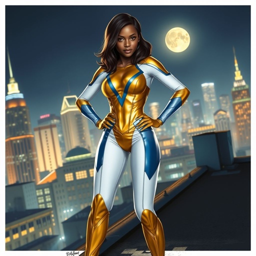 A young African American female superhero with shoulder length hair in a side part style wearing a gold and white suit made of a leather like spandex material with blue accents with white pants and gold boots with a stylized V as her chest emblem standing ona roof in a Philadelphia at night