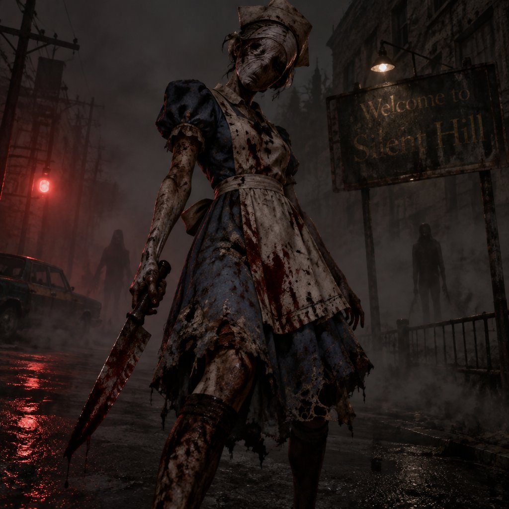 Silent hill with the nurse from the silent hill movie but in Alice’s dress from Alice in wonderland